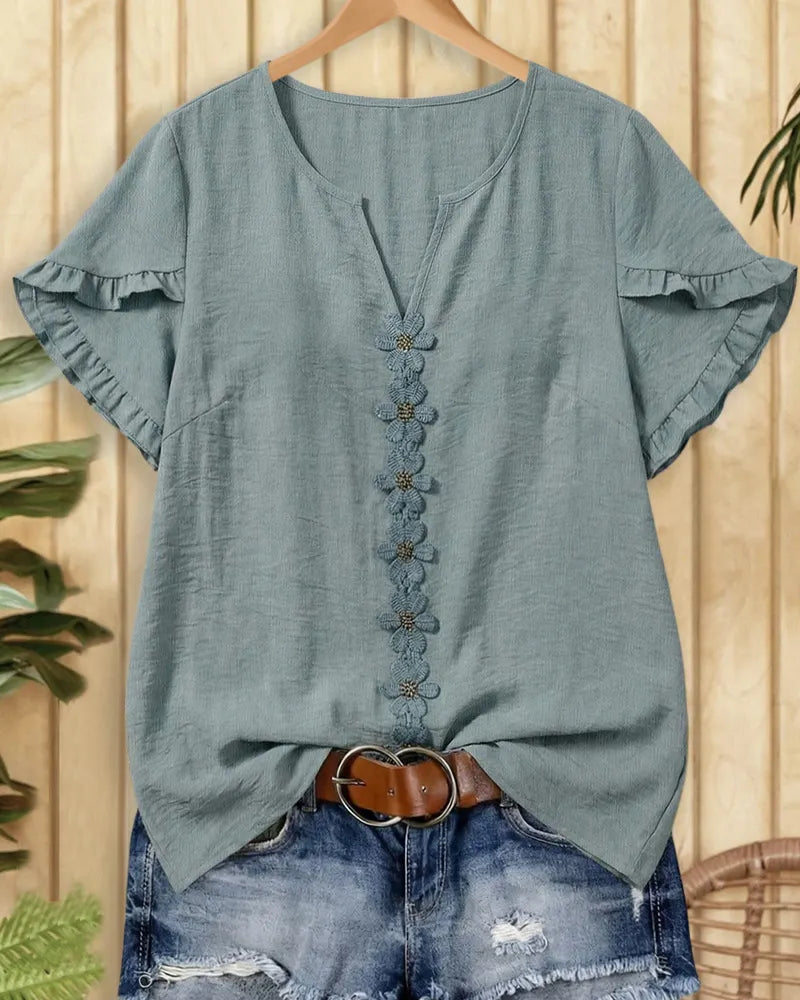 Ruffle Sleeve Floral Applique V Neck Loose Casual Blouse