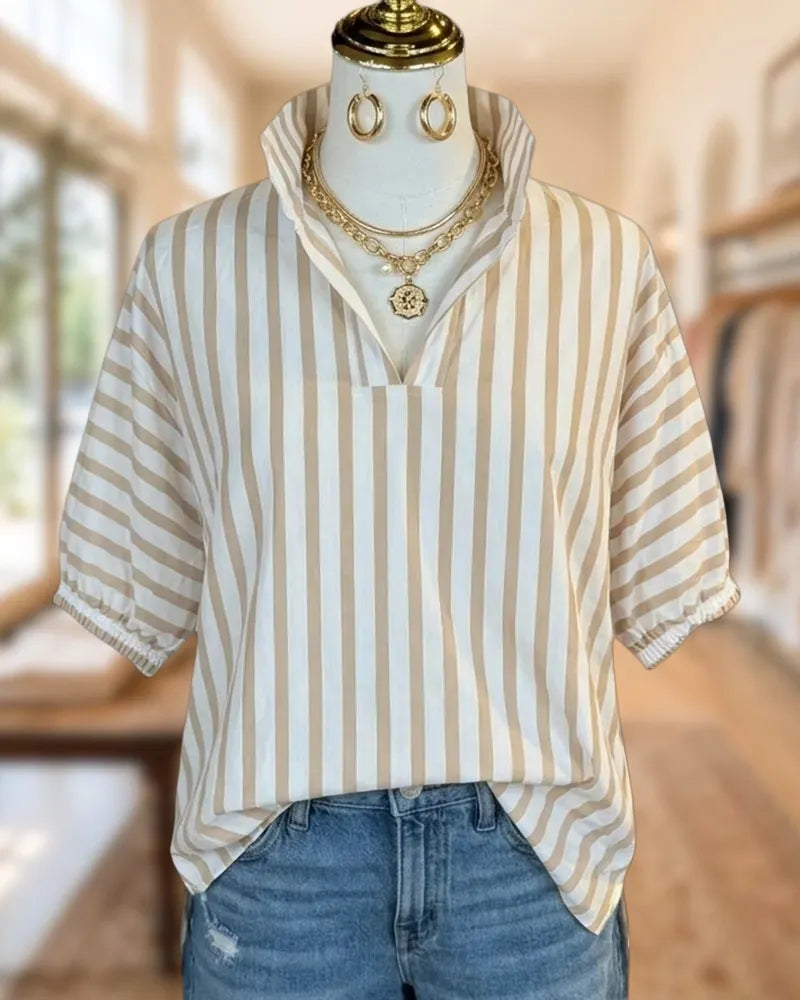 Striped V Neck Half Sleeve Loose Modern Blouse