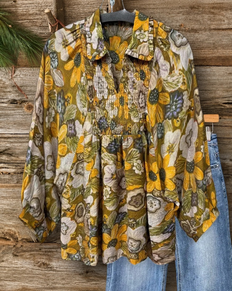 Floral Print Smocked Detail V Neck Blouse