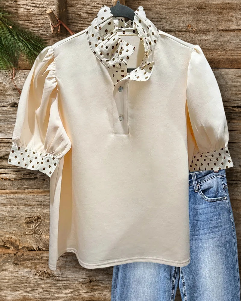 Polka Dot Trim Stand Collar Puff Sleeve Elegant Blouse