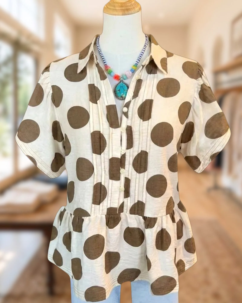Polka Dot Collared Puff Sleeve Peplum Button Front Blouse
