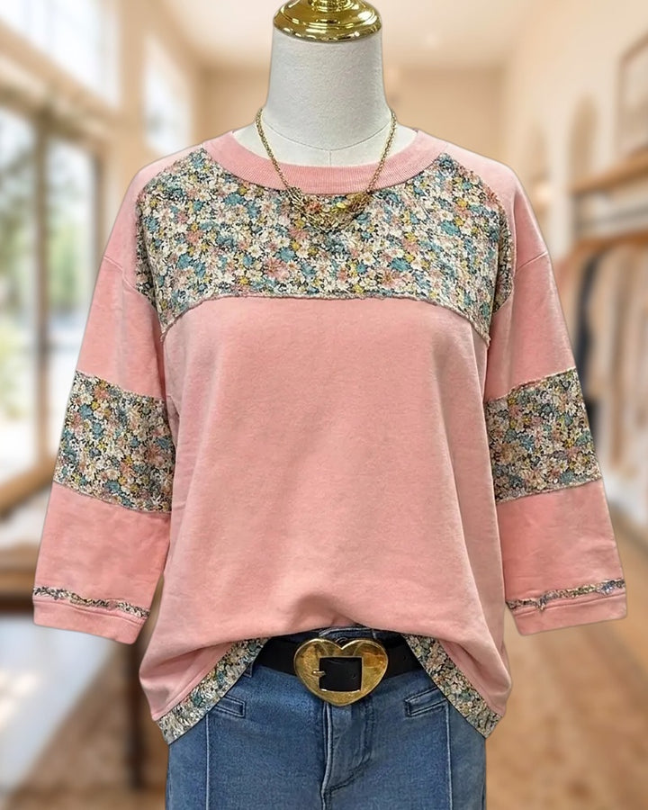 Patchwork Floral Crew Neck 3/4 Sleeve Cozy Sweatshirt