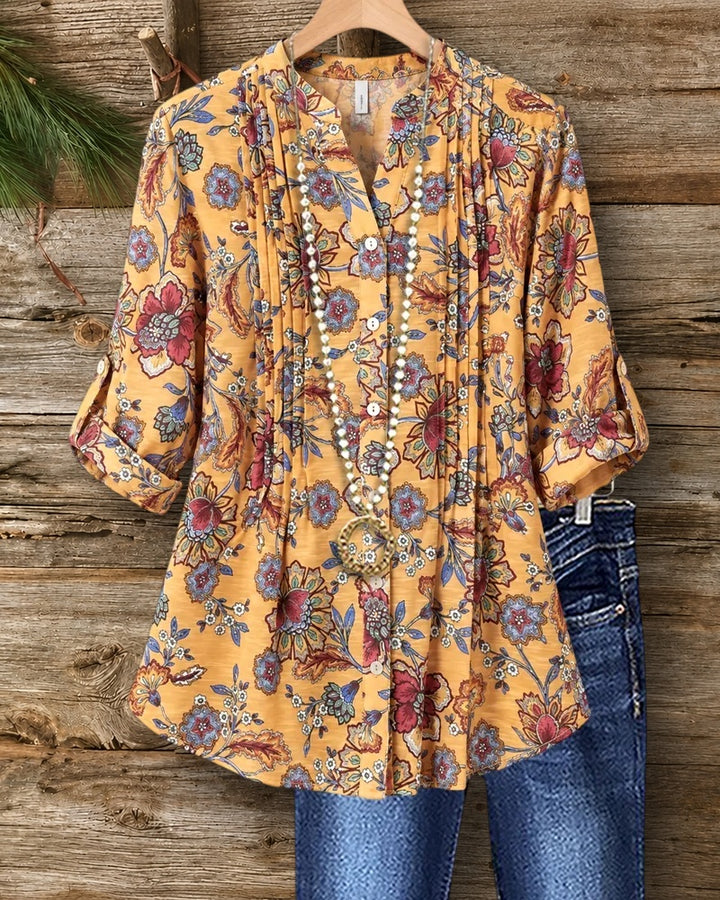 Pleated Front Floral Print 3/4 Sleeve Blouse