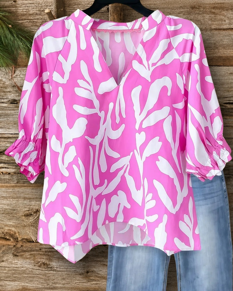 Floral Print Simple V Neck Blouse