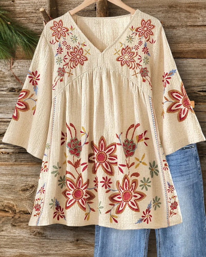 Floral Print Bohemia V Neck Blouse
