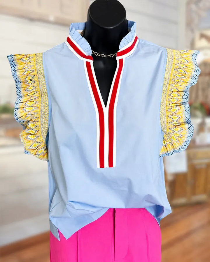 Ruffled Stand Collar Contrast Placket Flutter Sleeve Casual Blouse