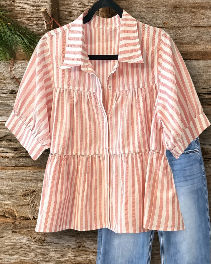 Striped On-trend Button Up Tiered Blouse