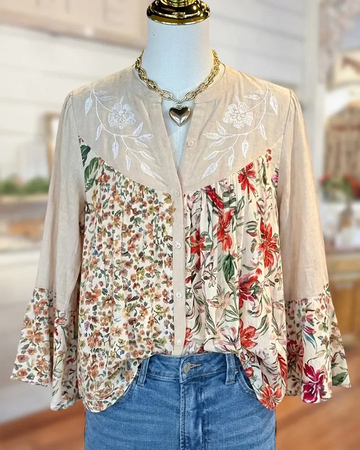 Embroidered Yoke Mixed Floral Print Flare Sleeve Button Front Blouse