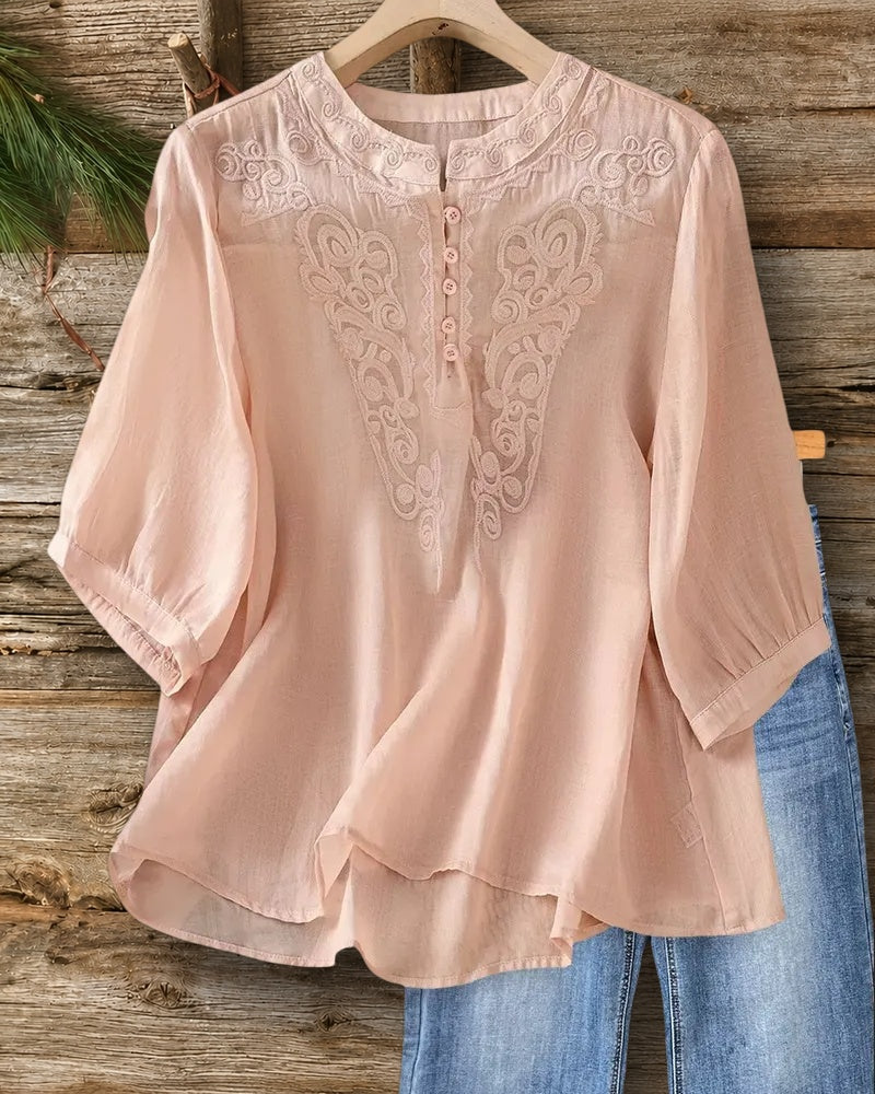 Embroidered Mandarin Collar Half Sleeve High Low Hem Casual Blouse