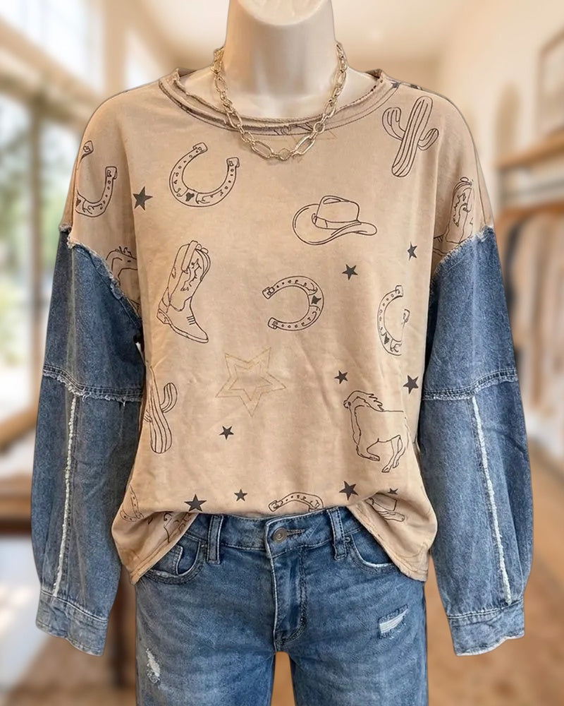 Western Print Contrast Denim Sleeve Raw Edge Sweatshirt