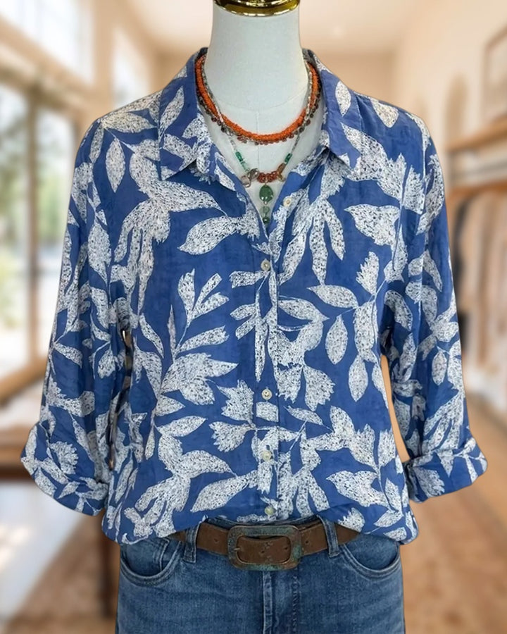 Lapel Leaf Print Rolled Sleeve Shirt
