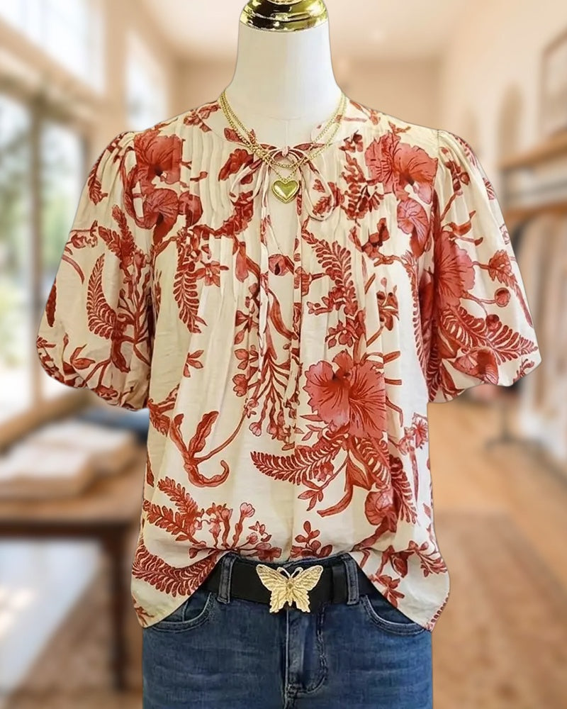 Floral Print Puff Sleeve Tie Neck Shirred Loose Casual Blouse