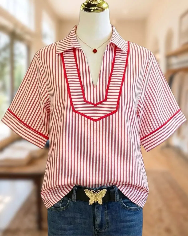 Collared V Neck Contrast Trim Striped Short Sleeve Blouse