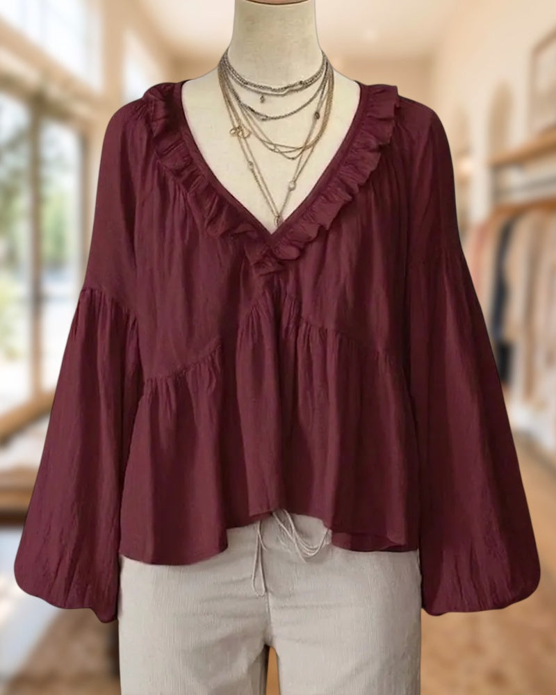 Ruffled V Neck Solid Color Lantern Sleeve Flowy Blouse