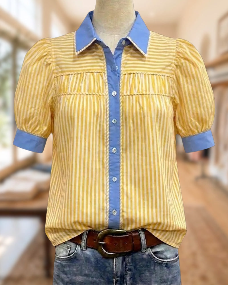 Contrast Trim Striped Puff Sleeve Gathered Bust Button Front Shirt