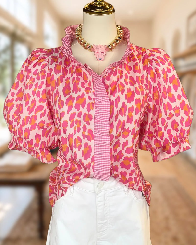 Ruffled Collar Leopard Print Puff Sleeve Gingham Trim Blouse