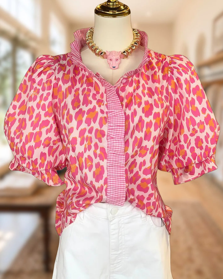 Ruffled Collar Leopard Print Puff Sleeve Gingham Trim Blouse