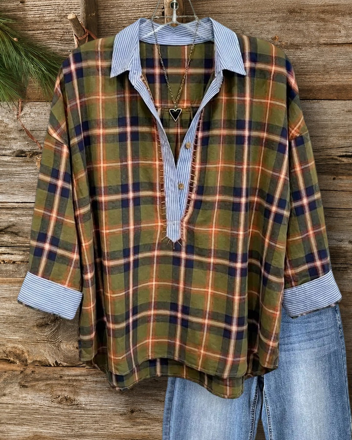 Contrast Trim Plaid Partial Placket 3/4 Sleeve Casual Shirt