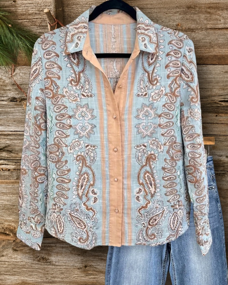 Paisley Print Contrast Placket Long Sleeve Snap Front Shirt