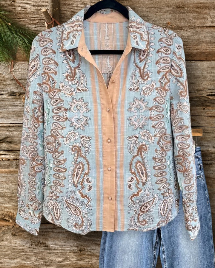 Paisley Print Contrast Placket Long Sleeve Snap Front Shirt