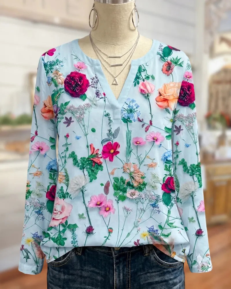 Floral Print Notch V Neck Long Sleeve Casual Blouse