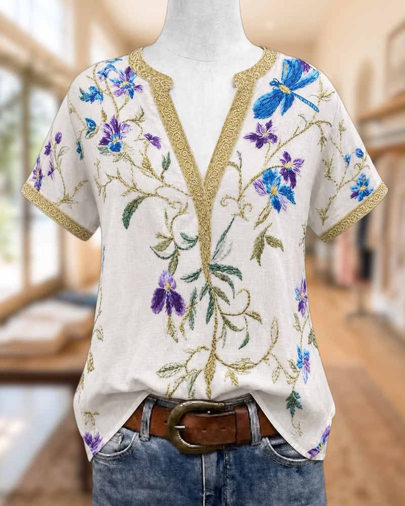 Floral Print V-Neck Short Sleeve Loose Boho Casual Blouse
