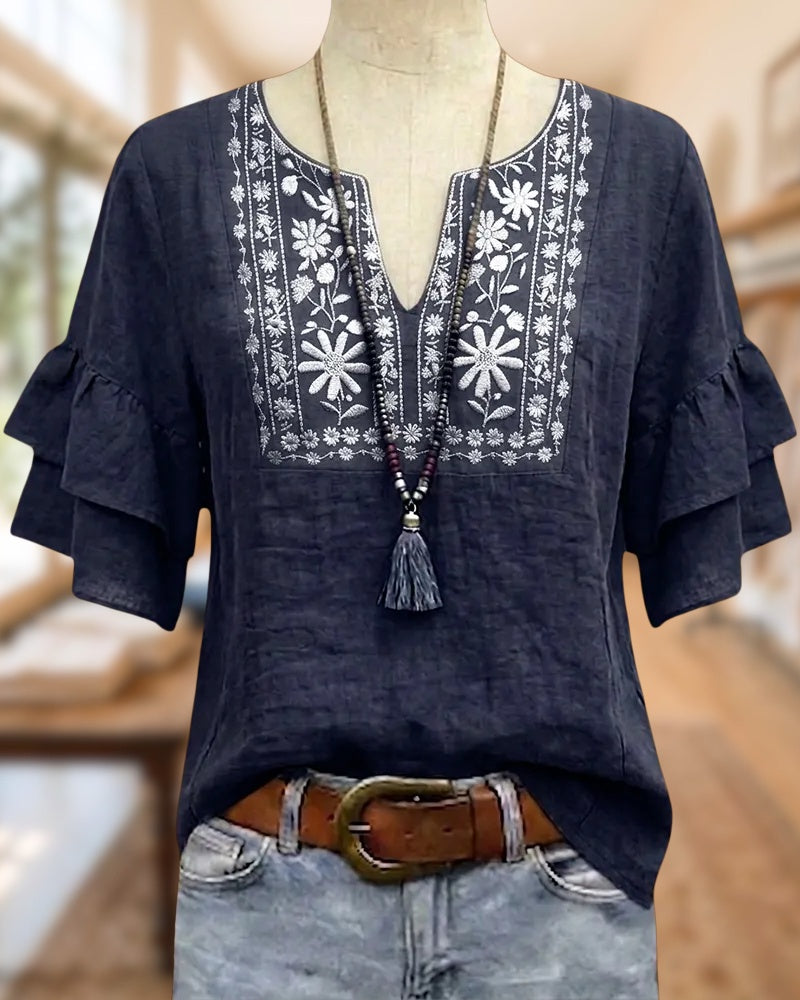 Floral Embroidered Ruffle Sleeve V Neck Casual Blouse