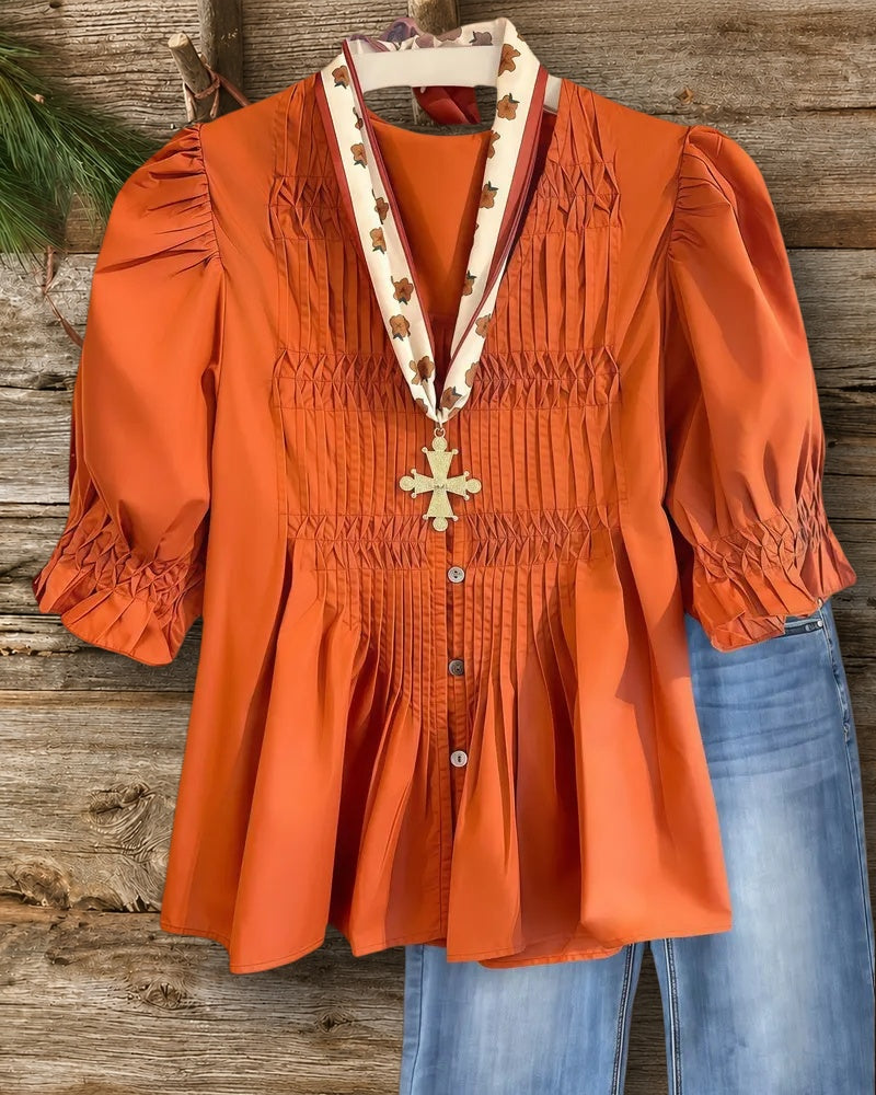 Solid Color Smocked Pleated Stylish Button Up Blouse