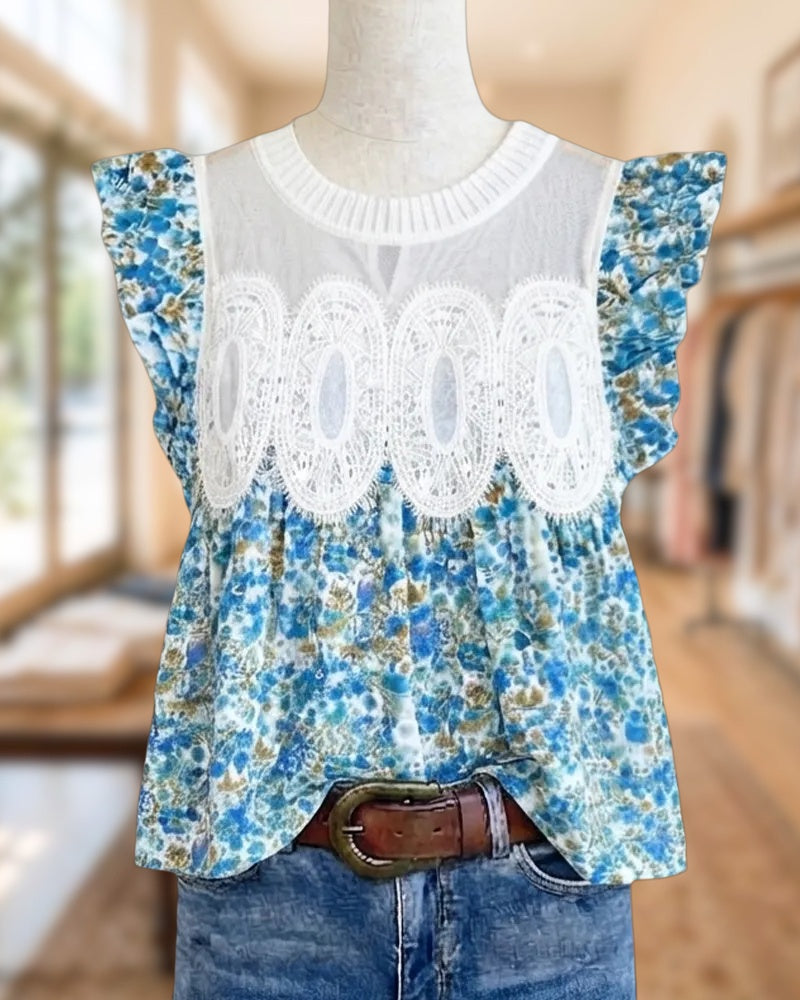 Lace Applique Ruffle Sleeve Mesh Yoke Crew Neck Flowy Blouse
