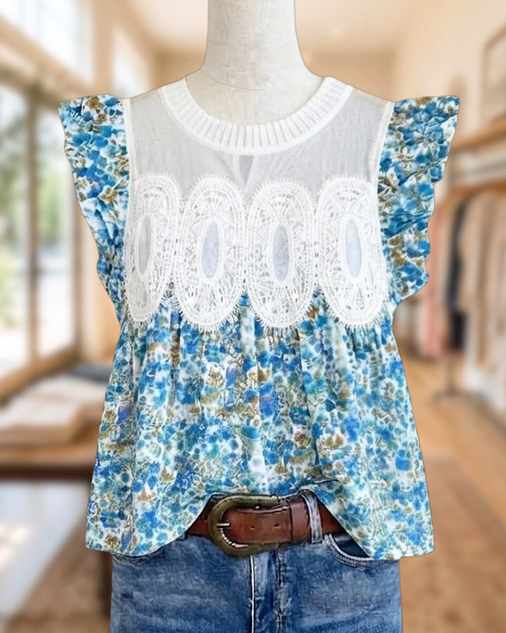 Lace Applique Ruffle Sleeve Mesh Yoke Crew Neck Flowy Blouse