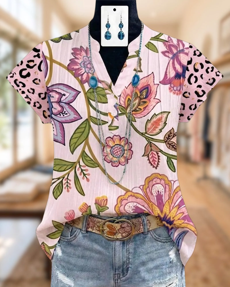 Floral Leopard Print V Neck Short Sleeve Pretty Blouse