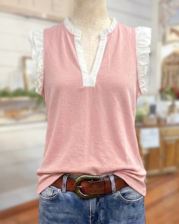 Ruffled Trim V Neck Flutter Sleeve Contrast Placket Casual Blouse