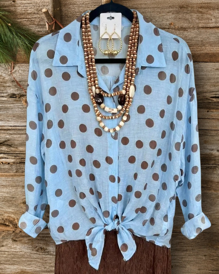 Polka Dot Collared Button Up Tie Front Long Sleeve Shirt