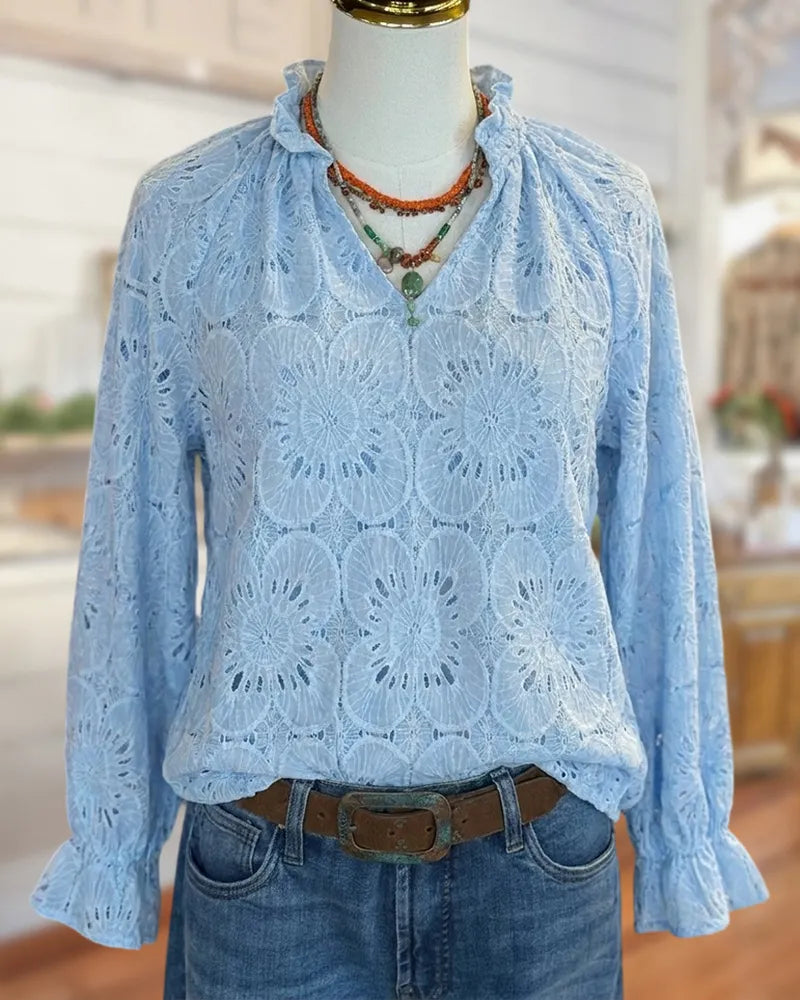 Lace Cutout Ruffle Trim V Neck Long Sleeve Blouse