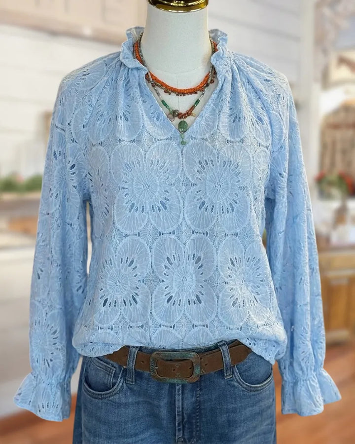 Lace Cutout Ruffle Trim V Neck Long Sleeve Blouse