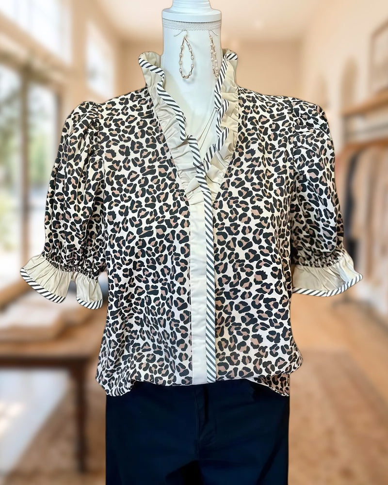 Leopard Print Pretty V Neck Puff Sleeve Blouse