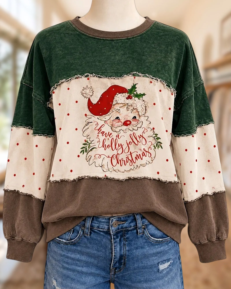 Polka Dot Christmas Santa Print Color Block Crew Neck Sweatshirt