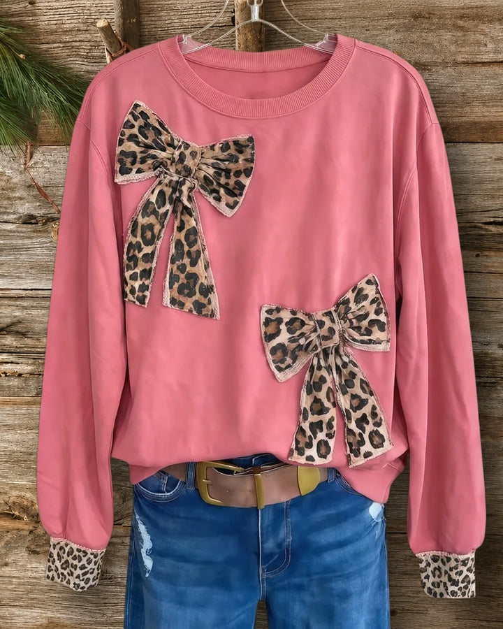 Long Sleeve Round Neck Leopard Print Applique Bows Stylish Blouse