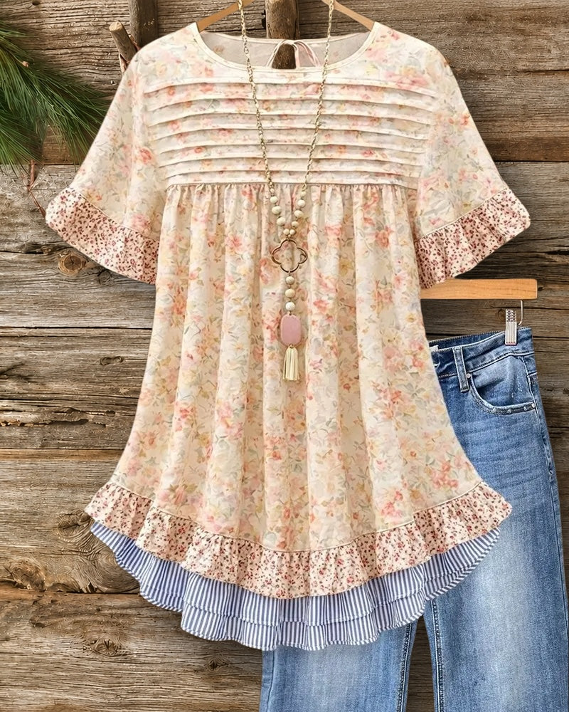 Floral Print Elegant Ruffles Trim Babydoll Blouse