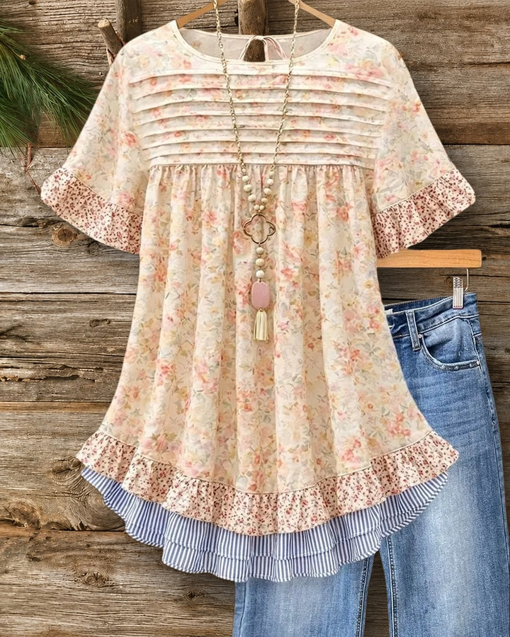 Floral Print Elegant Ruffles Trim Babydoll Blouse