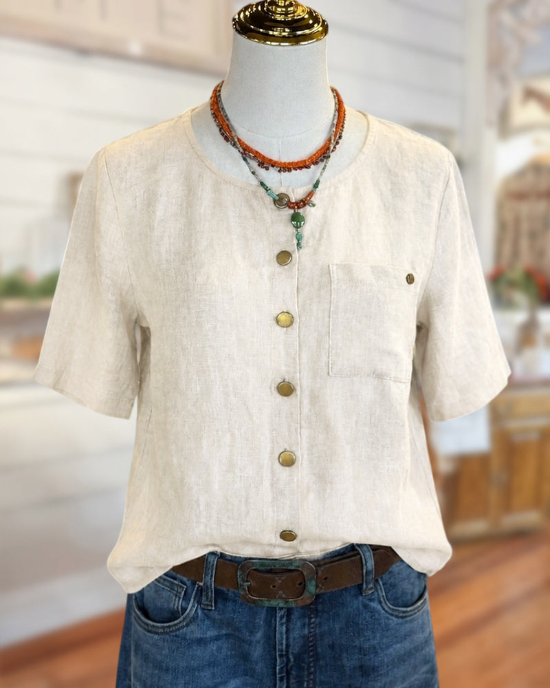 Button Front Short Sleeve Blouse With Chest Pocket