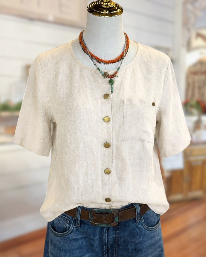 Button Front Short Sleeve Blouse With Chest Pocket