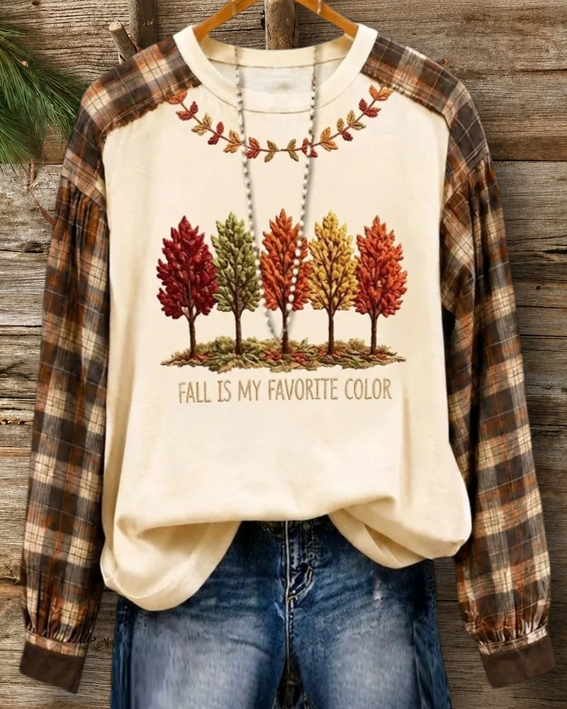 Fall Graphic Contrast Plaid Long Sleeve Crew Neck Casual Sweatshirt