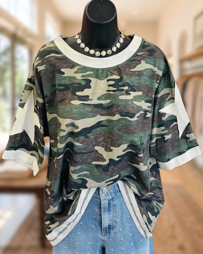 Camouflage Print Star Patch Contrast Trim Short Sleeve Loose T-shirt
