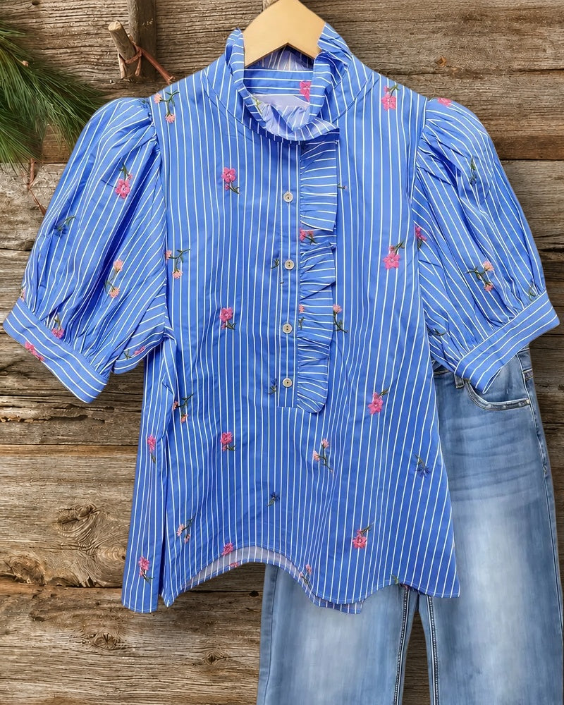 Floral Print & Striped Glamorous Puff Sleeve Ruffles Trim Blouse