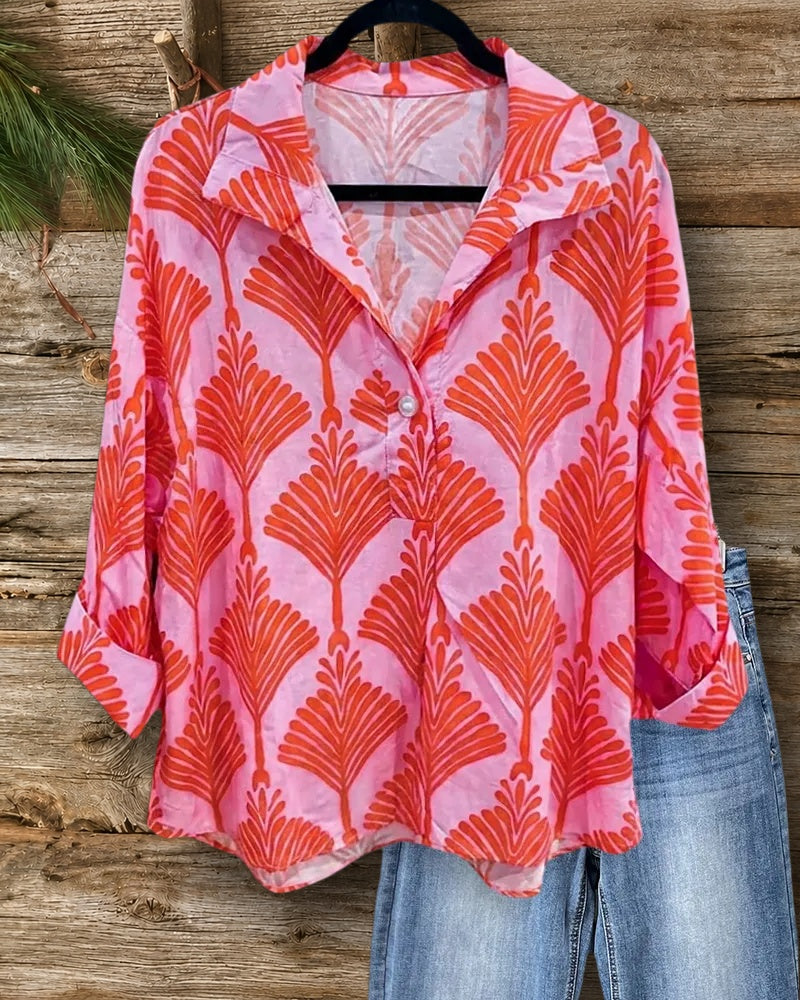 Collared Bold Print Pearl Button Rolled Cuff Casual Top