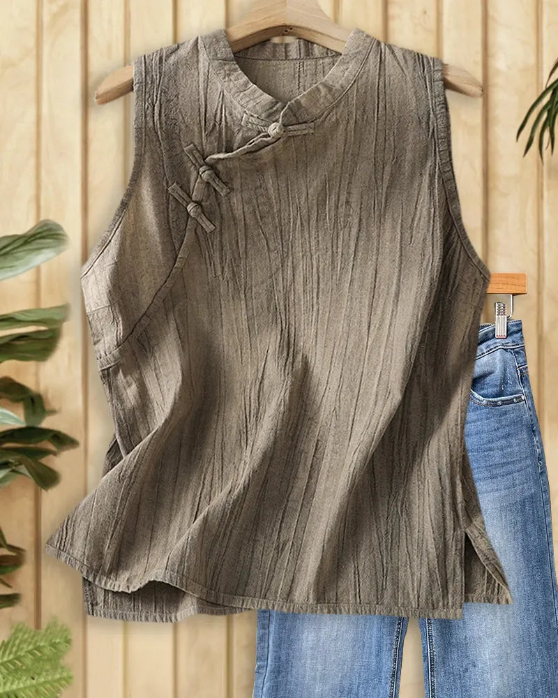 Mandarin Collar Frog Button Sleeveless Crinkle Side Slit Tank Top