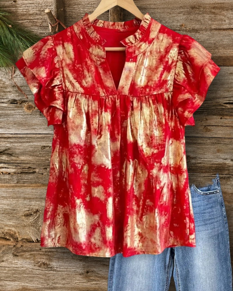 Metallic Print V Neck Flutter Sleeve Gathered Casual Blouse