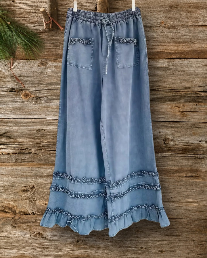 Solid Color Washed Drawstring Cute Ruffled Jeans