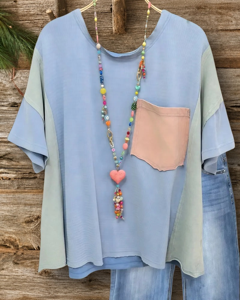 Peace Sign Applique Stylish Color Block Shirt